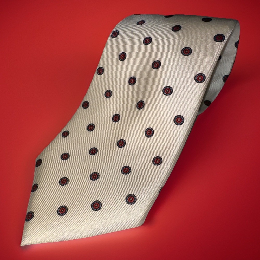 Christian Dior Men's Tie Silk Foulard White With Red & Blue Medallions Classic‎